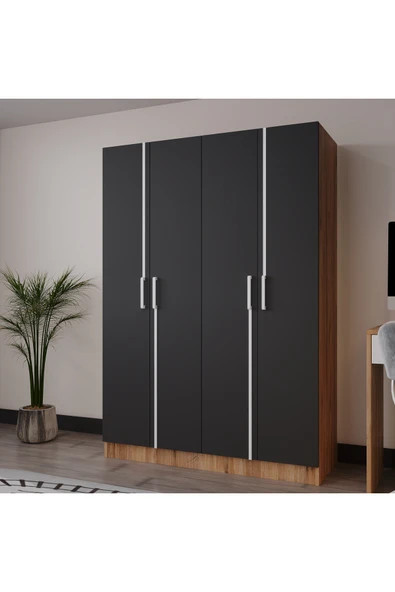 AZZURİ PİYANO 4 Kapaklı Dolap Genç Odası-Çocuk Odası Gardırop Antrasit-MEŞE - Resim 3