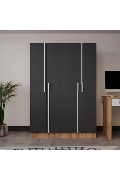 AZZURİ PİYANO 4 Kapaklı Dolap Genç Odası-Çocuk Odası Gardırop Antrasit-MEŞE ürün görseli 1