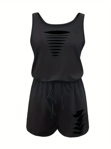 Kadın Askılı Yuvarlak Yaka Lazer Kesim Detaylı Bağcıklı Kısa Viskon Tulum - Resim 4