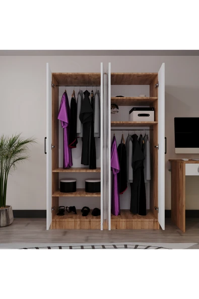 AZZURİ PİYANO 4 Kapaklı Dolap Genç Odası-Çocuk Odası Gardırop MEŞE Beyaz AYNALI - Resim 2
