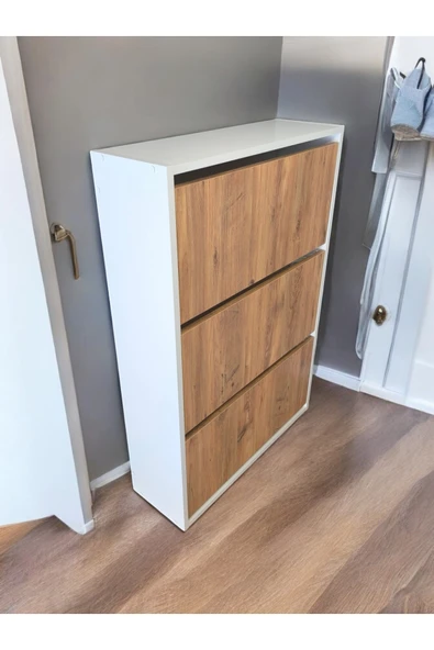 AZZURİ Aylin Düşer 3 Kapaklı 6 Gözlü Beyaz Duvara Monte Edilebilir Ayakkabılık Meşe - Resim 2