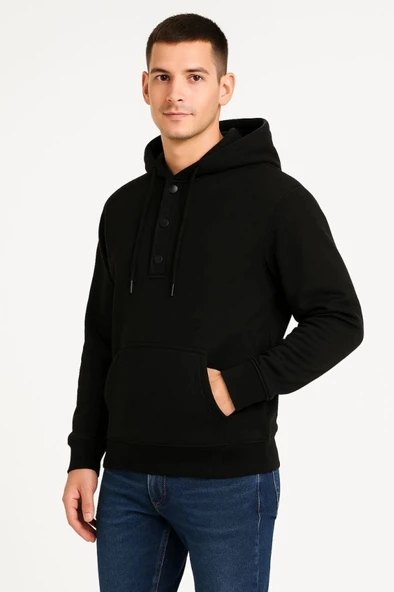Erkek Ovarsize Kapüşonlu wetshirt Kanguru Çepli Cıtcıtlı 3 Iplik Şardonlu Hoodie  iyah ürün görseli