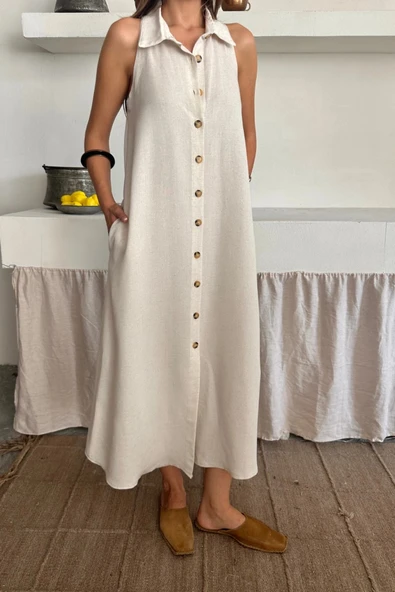 KETEN ÖNDEN DÜĞELİ KOLSUZ GÖLEK YAKA ELBİSE  Beyaz - Resim 2