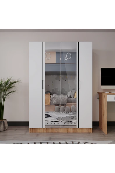 AZZURİ PİYANO 4 Kapaklı Dolap Genç Odası-Çocuk Odası Gardırop MEŞE Beyaz AYNALI ürün görseli 1