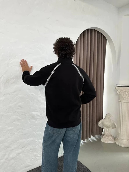 Erkek Oversize Dik Yaka Fermuarlı weatshirt  Zincir Nakışli Kanguru Cepli  iyah - Resim 4