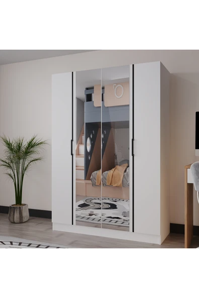 AZZURİ PİYANO 4 Kapaklı Dolap Genç Odası-Çocuk Odası Gardırop Beyaz AYNALI - Resim 4