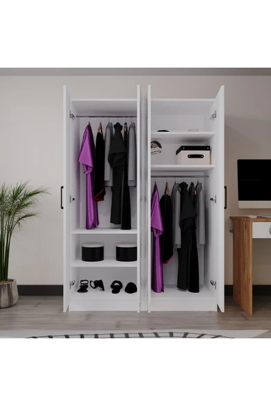 AZZURİ PİYANO 4 Kapaklı Dolap Genç Odası-Çocuk Odası Gardırop Beyaz AYNALI - Resim 2