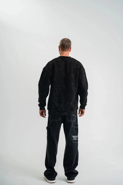 Unisex Bisiklet Yaka Özel Pis Dikişli Yıkamalı weathirt  iyah - Resim 3