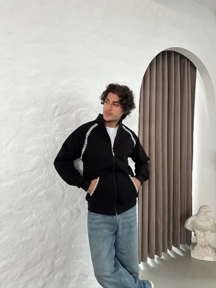 Erkek Oversize Dik Yaka Fermuarlı weatshirt  Zincir Nakışli Kanguru Cepli  iyah - Resim 2
