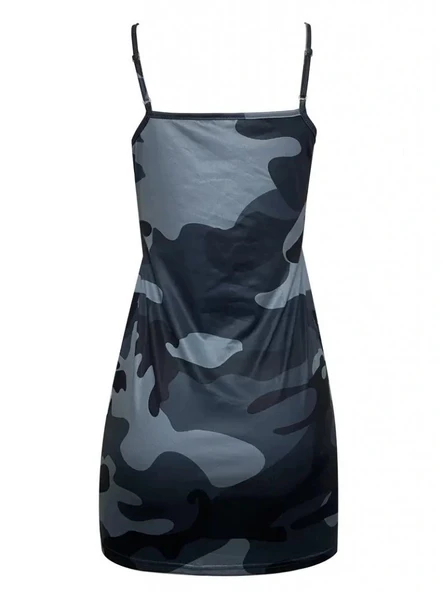 Kadın Ip Askılı Kamuflaj Baskılı Viskon Elbise - Resim 4