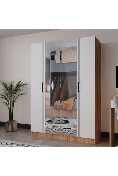 AZZURİ PİYANO 4 Kapaklı Dolap Genç Odası-Çocuk Odası Gardırop MEŞE Beyaz AYNALI - Resim 3