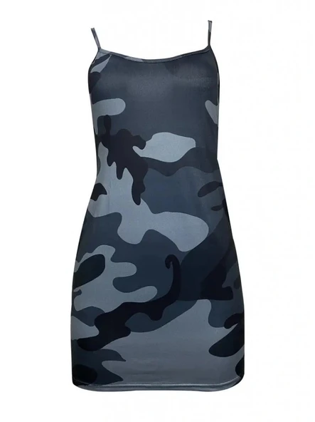Kadın Ip Askılı Kamuflaj Baskılı Viskon Elbise - Resim 3