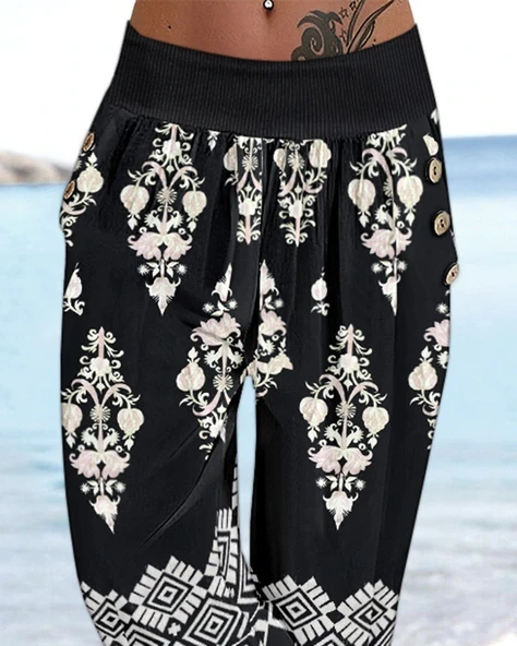 Kadın Beli Lastikli Etnik Desenli Kapri Süprem Pantolon - Resim 3