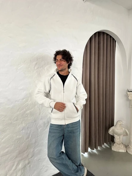 Erkek Oversize Dik Yaka Fermuarlı weatshirt  Zincir Nakışli Kanguru Cepli  Beyaz - Resim 3