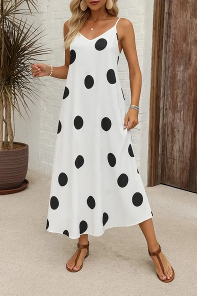 Kadın Ip Askılı Geniş V Yakalı Desenli Süprem Elbise ürün görseli