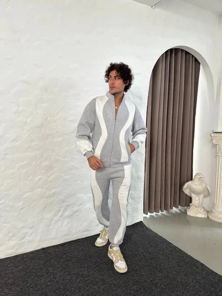 Erkek Premium Parçalı Eşofman Takım  Dik Yaka Fermuarlı weatshirt,  Gri - Resim 4