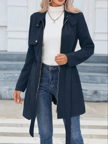 Kadın Uzun Kollu Boyundan Düğmeli Fermuarlı Beli Kuşaklı Süet Ceket - Resim 3