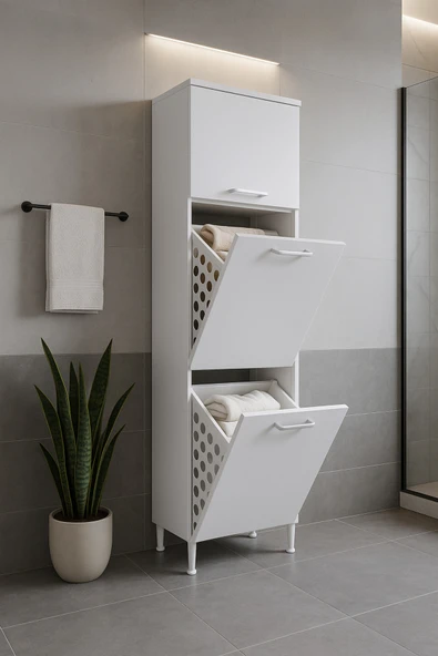 AZZURİ Furniture Çamaşır Sepetli Banyo Dolabı 2 Sepetli Çok Amaçlı Dolap Beyaz ürün görseli