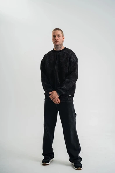 Unisex Bisiklet Yaka Özel Pis Dikişli Yıkamalı weathirt  iyah ürün görseli