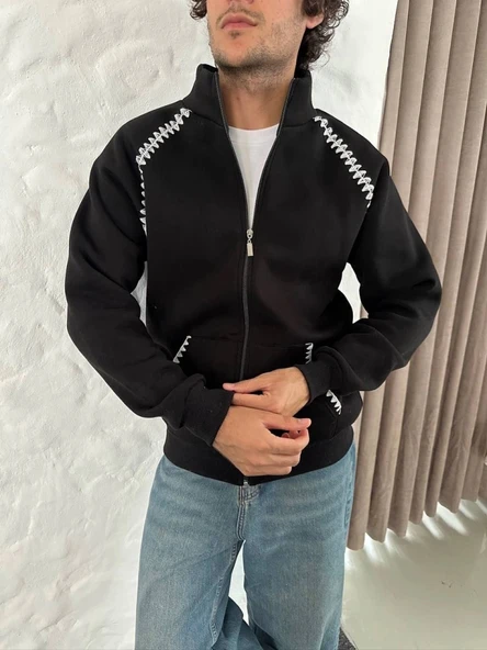 Erkek Oversize Dik Yaka Fermuarlı weatshirt  Zincir Nakışli Kanguru Cepli  iyah ürün görseli