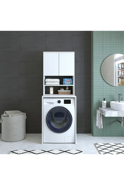 AZZURİ Furniture Çamaşır Makinesi Dolabı 3 Gözlü Kapaklı Banyo Dolabı Beyaz - Resim 2