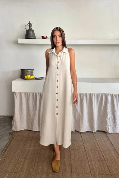 KETEN ÖNDEN DÜĞELİ KOLSUZ GÖLEK YAKA ELBİSE  Beyaz ürün görseli