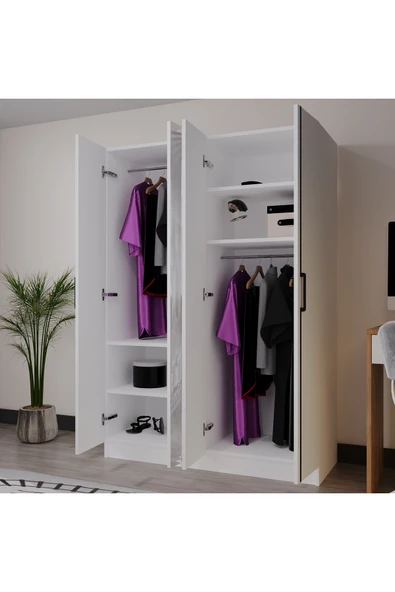 AZZURİ PİYANO 4 Kapaklı Dolap Genç Odası-Çocuk Odası Gardırop Beyaz AYNALI - Resim 3