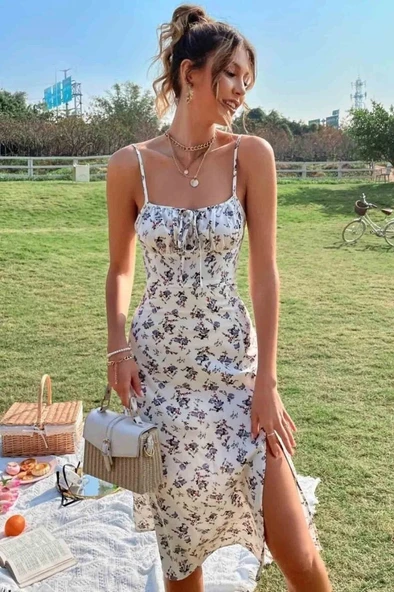 Kadın Ip Askılı Yakadan Bağcıklı Desenli Süprem Elbise - Resim 6