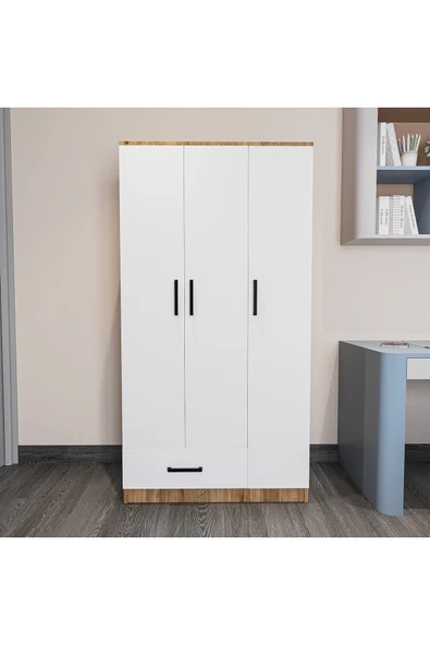 AZZURİ Trio 3 Kapaklı 1 Çekmeceli Elbise Dolabı Gardırop Genç Odası Çocuk Odası Atlantik Çam-Beyaz ürün görseli