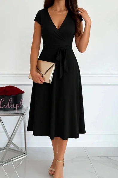 Kadın Kısa Kollu V Yakalı Belden Kuşaklı Maksi Boy Viskon Elbise ürün görseli