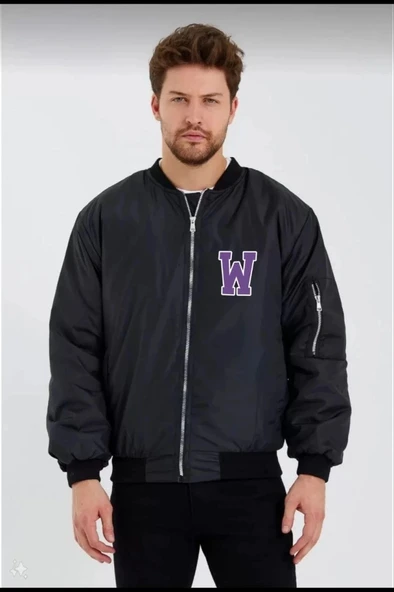 Unisex Uzun Kol Baskılı Bomber Ceket  iyah ürün görseli