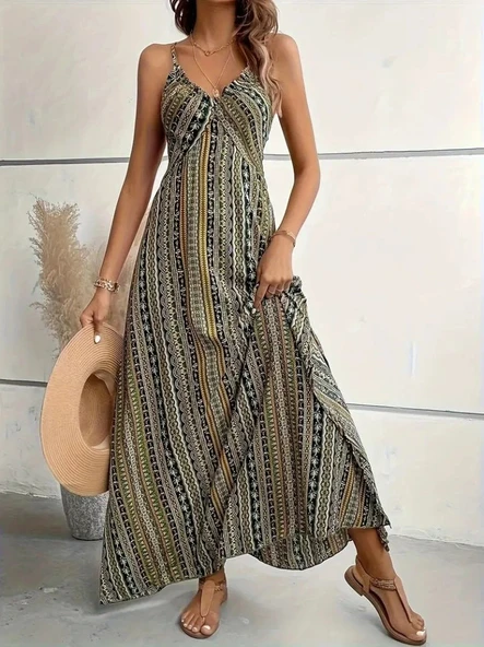 Kadın Ip Askılı Sırttan çapraz Detaylı Yırtmaçlı Desenli Süprem Elbise - Resim 3