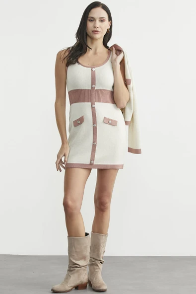 Blok Geçişli Elbise Hırka Triko Takım - Gül - Resim 2