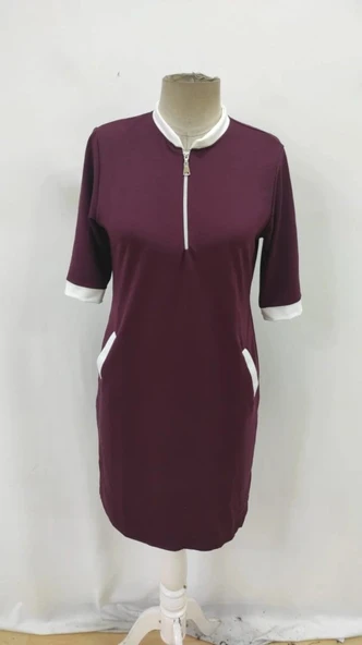 Kadın Kısa Kollu Yakadan Fermuarlı Cepli Yandan Yırtmaçlı Viskon Elbise - Resim 4