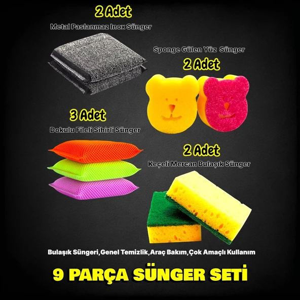 Technow 9 Parça Çok Amaçlı Genel Kullanım Mutfak Bulaşık Süngeri Yıkama Seti - Resim 2