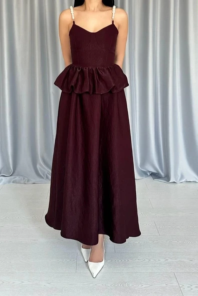 Bordo Beli Büzgülü İnci Askılı Uzun Elbise - Resim 4