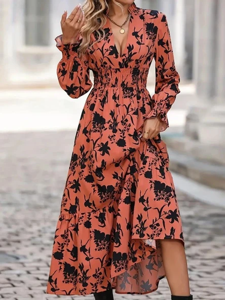 Kadın Uzun Kollu Kruvaze Yakalı çiçek Desenli Maksi Süprem Elbise ürün görseli