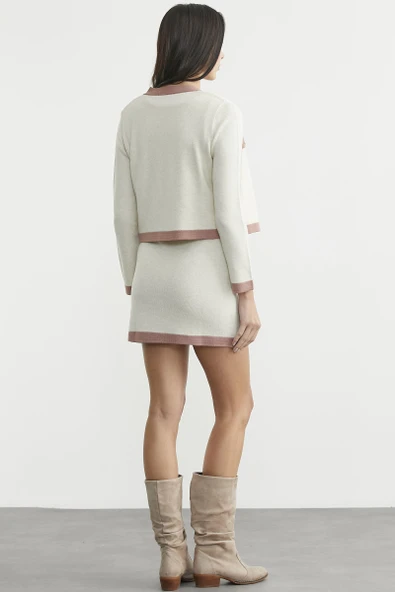 Blok Geçişli Elbise Hırka Triko Takım - Gül - Resim 6