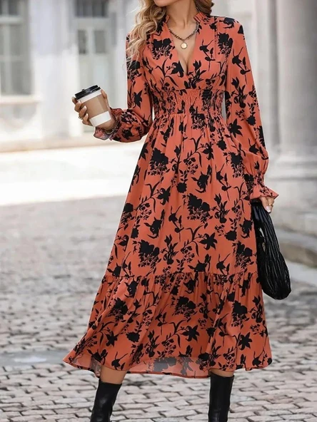 Kadın Uzun Kollu Kruvaze Yakalı çiçek Desenli Maksi Süprem Elbise - Resim 2