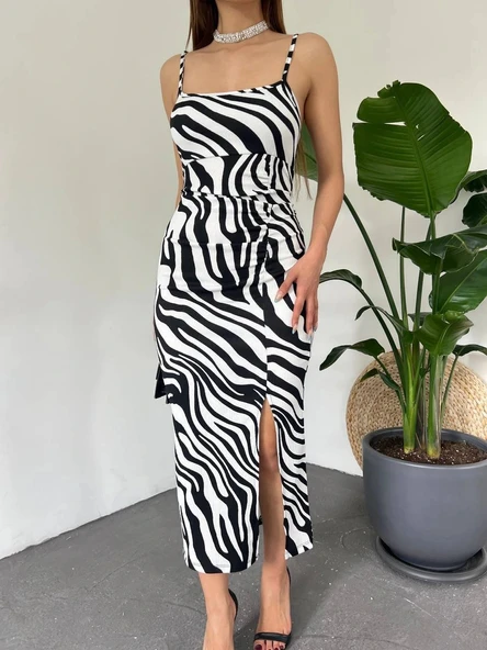 Kadın Zebra Baskılı Omuz Askılı ırt Dekolteli Yırtmaç Detay Elbise ürün görseli