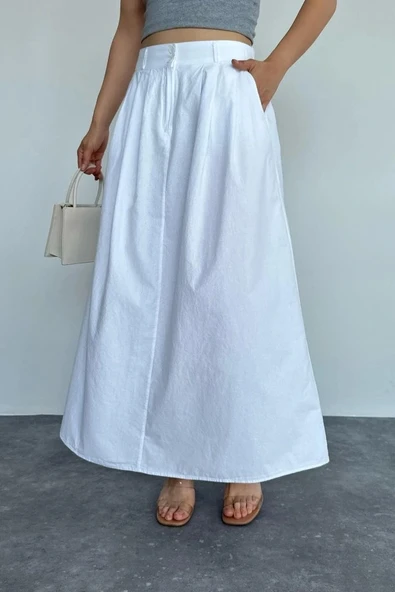 İnce Pileli Düz Etek  Beyaz - Resim 2