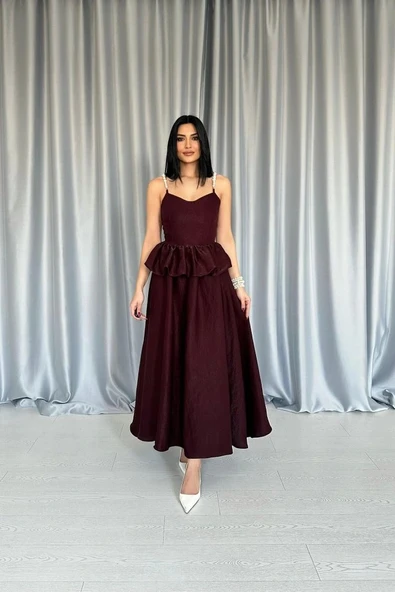 Bordo Beli Büzgülü İnci Askılı Uzun Elbise ürün görseli