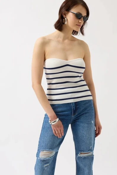 Çizgili traplez Dokulu Bluz - Resim 3