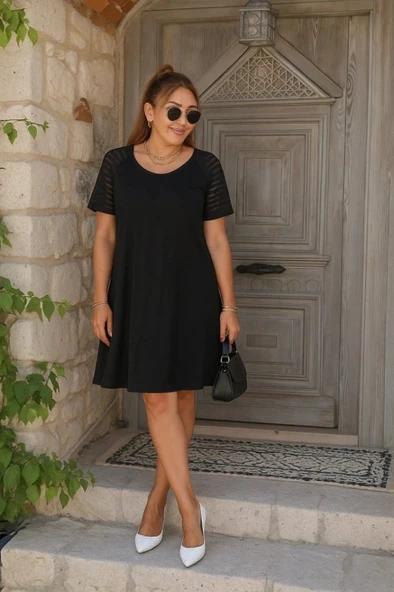 Kadın Kısa Kollu Yuvarlak Yaka şerit Kol Detaylı Viskon Elbise ürün görseli