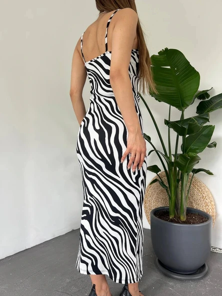 Kadın Zebra Baskılı Omuz Askılı ırt Dekolteli Yırtmaç Detay Elbise - Resim 4