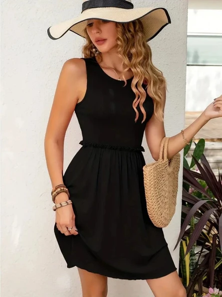 Kadın Kolsuz Bel Lastik Ve Büzgü Detay Viskon Mini Elbise ürün görseli