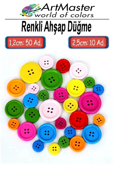Renkli Ahşap Düğme 60 Adet 1 Paket Sanat Etkinlik Okul Kreş Anasınıfı 1.2cm 50 Adet 2.5cm 10 Adet Süsleme Düğmesi ürün görseli