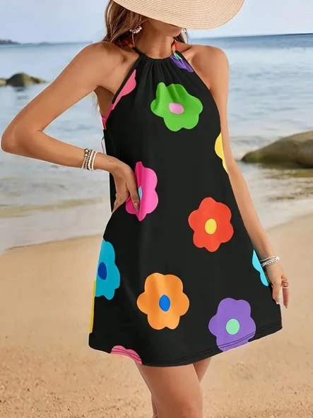 Kadın Boyundan Askılı Kolsuz çiçek Desenli Süprem Elbise ürün görseli