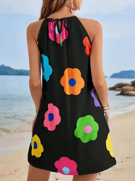 Kadın Boyundan Askılı Kolsuz çiçek Desenli Süprem Elbise - Resim 4