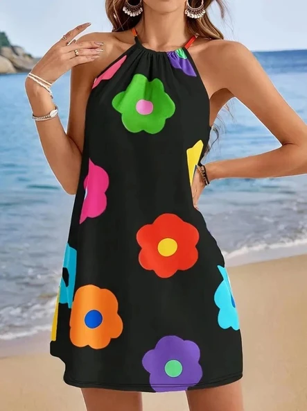 Kadın Boyundan Askılı Kolsuz çiçek Desenli Süprem Elbise - Resim 2